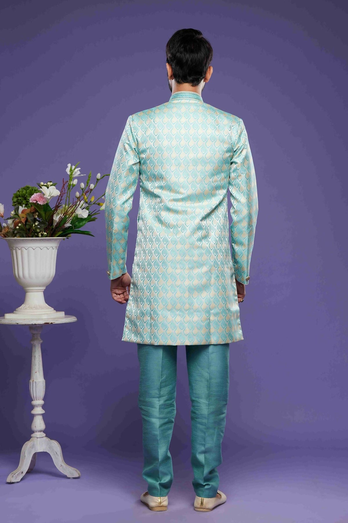 Raivat Ethnic Banarasi Jacquard Embroidery Semi Indo Western Sherwani In Sky Blue Colour | Grocsy