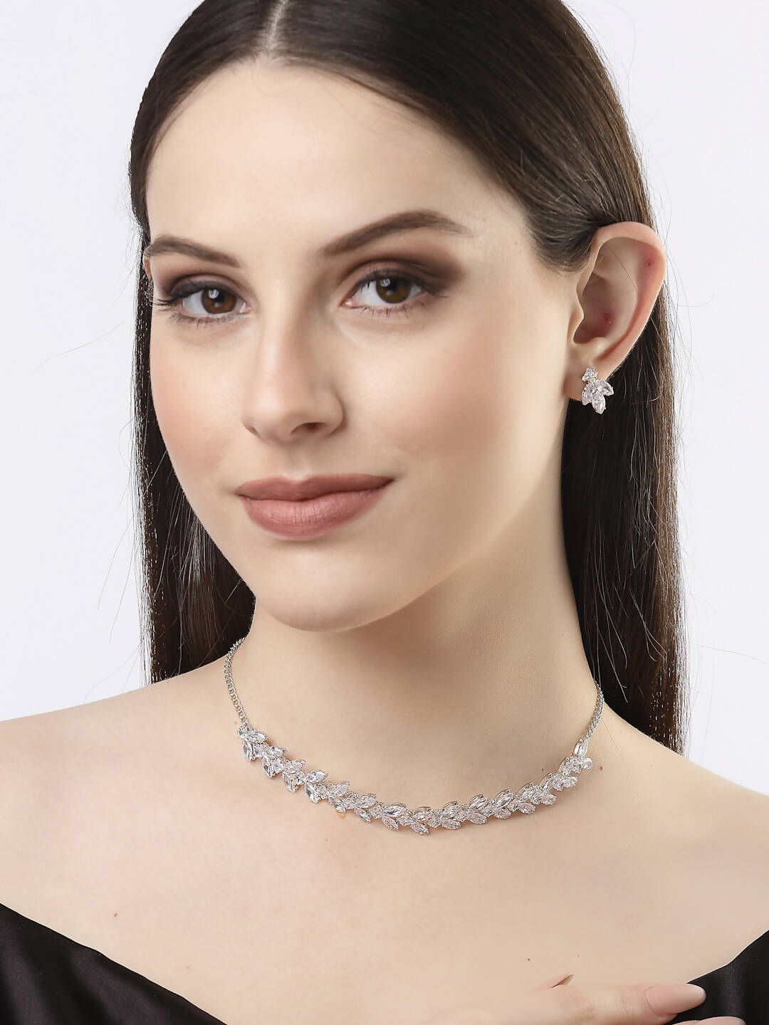 NVR Women Silver-Plated American Diamond Jewellery Set Necklace & Earrings | Grocsy