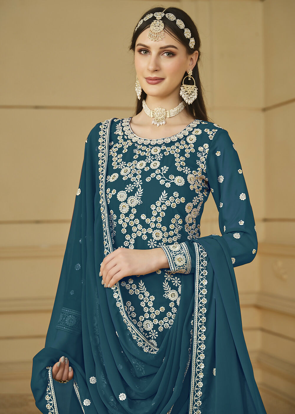 Turquoise Blue Embroidered Georgette Gharara Style Suit - Emponline | Grocsy