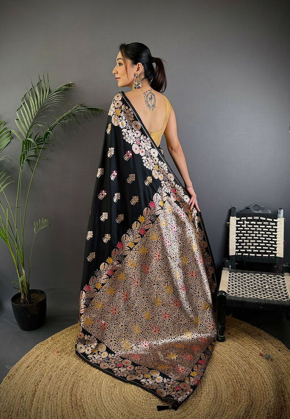 Joban Fashion Meenakari Black Woven Soft Silk Saree | Grocsy