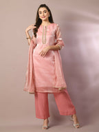 Myshka Women's Pink Solid Straight Party Kurta Set With Dupatta | Grocsy