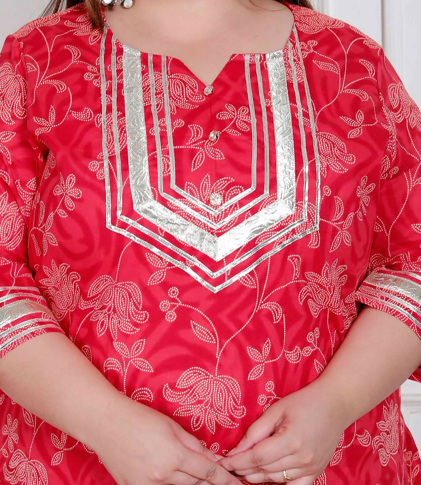 Miravan Plus Size Women'S Red Cotton Gota Work Kurta With Palazzo | Grocsy
