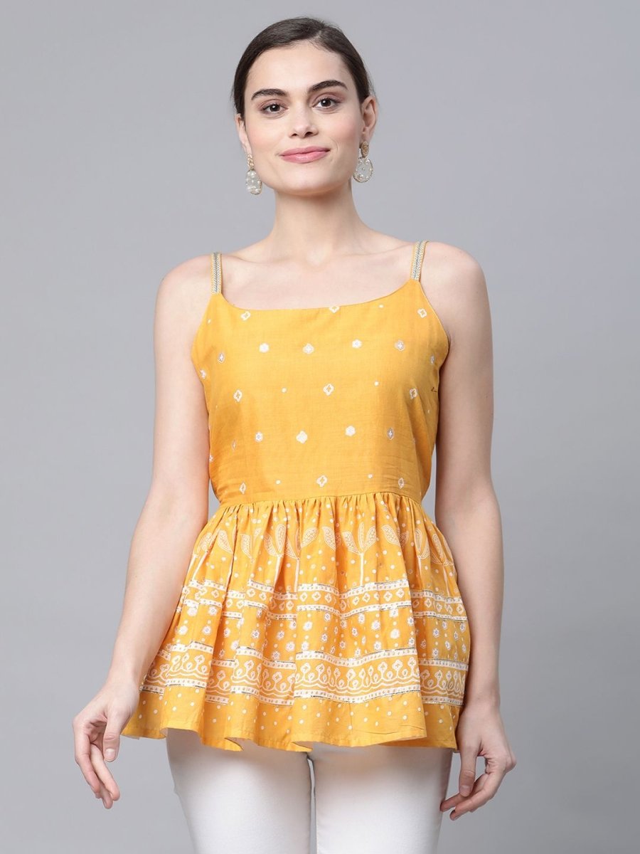 Ahalyaa Women Mustard Pure Cotton Porcian Print Shoulder Straps Tunic | Grocsy