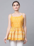 Ahalyaa Women Mustard Pure Cotton Porcian Print Shoulder Straps Tunic | Grocsy