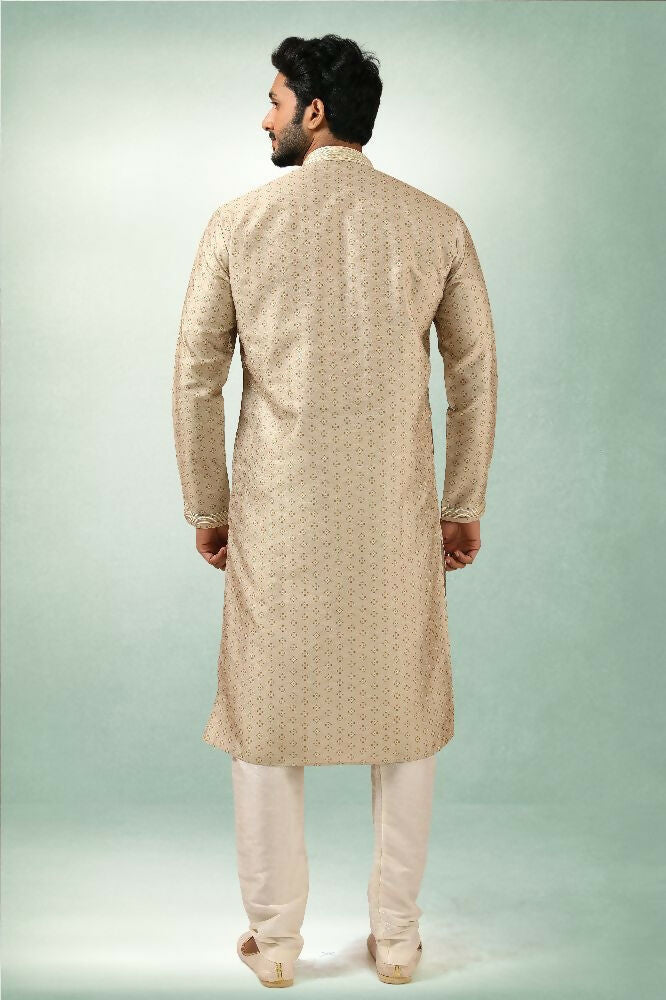 Raivat Ethnic Art Silk Printed Work Kurta Pajama In Beige Colour | Grocsy