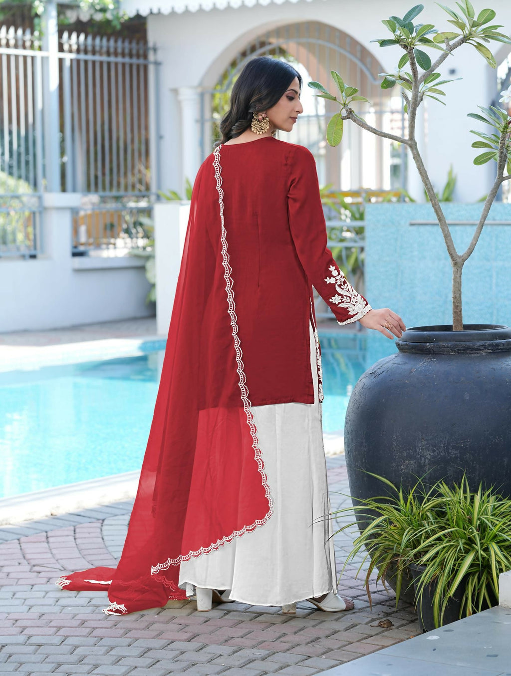 Nikhaar Maroon Embroidered Modal Silk Stitched Straight Cut Kurta Kalidar Palazzo Dupatta Readymade Suit | Grocsy