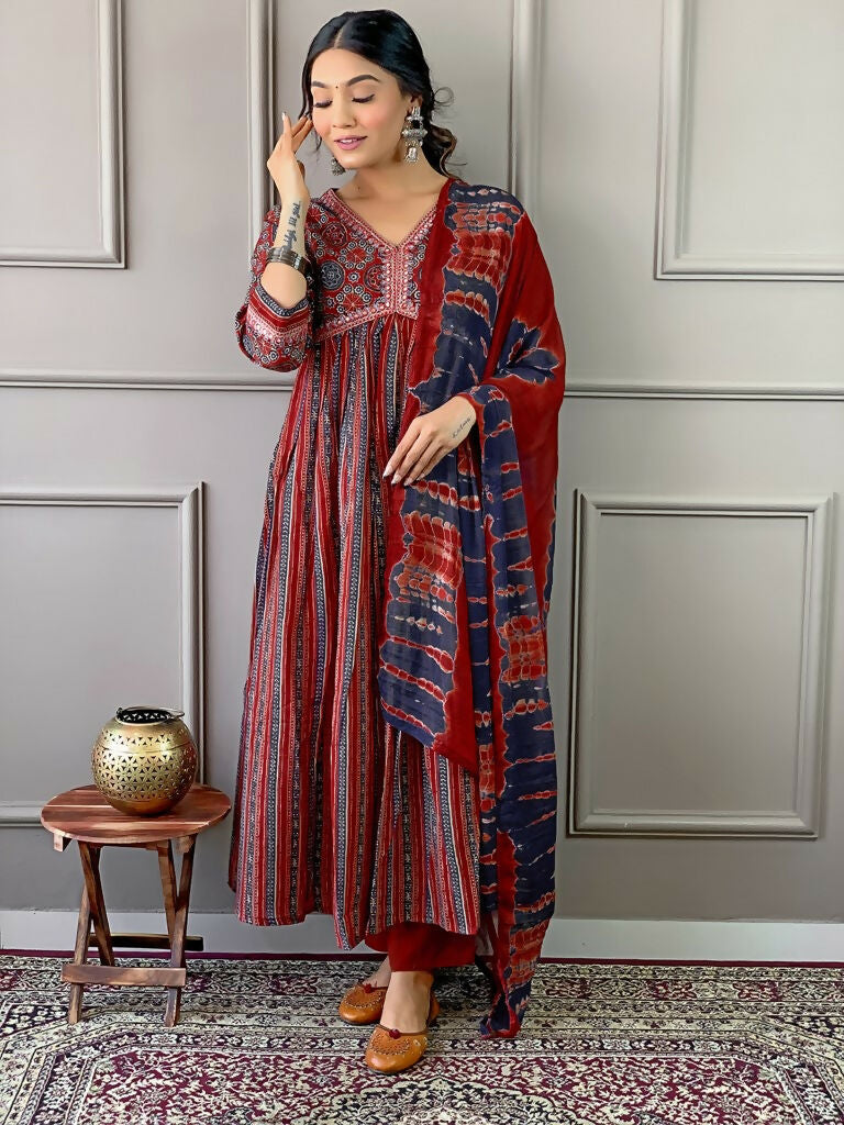 Partywear Designer Cotton Maroon Stitched Suit With Dupatta - Tanisha | Grocsy