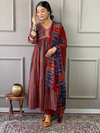 Partywear Designer Cotton Maroon Stitched Suit With Dupatta - Tanisha | Grocsy