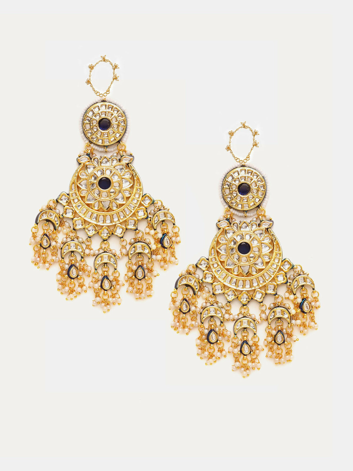 Ruby Raang 22k Gold Polished Kundan Chand Earrings With Ear Chains | Grocsy