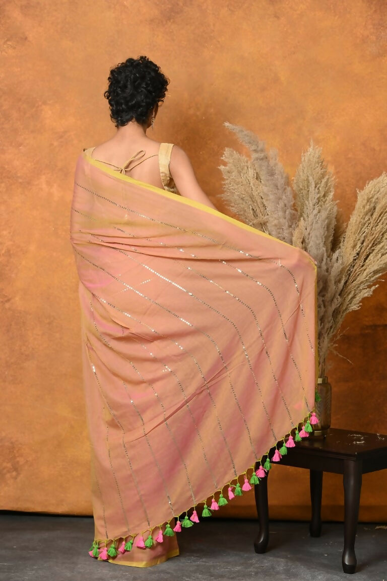 Very Much Indian Designer Mul Cotton Handloom Saree with Sequins - Peach | Grocsy