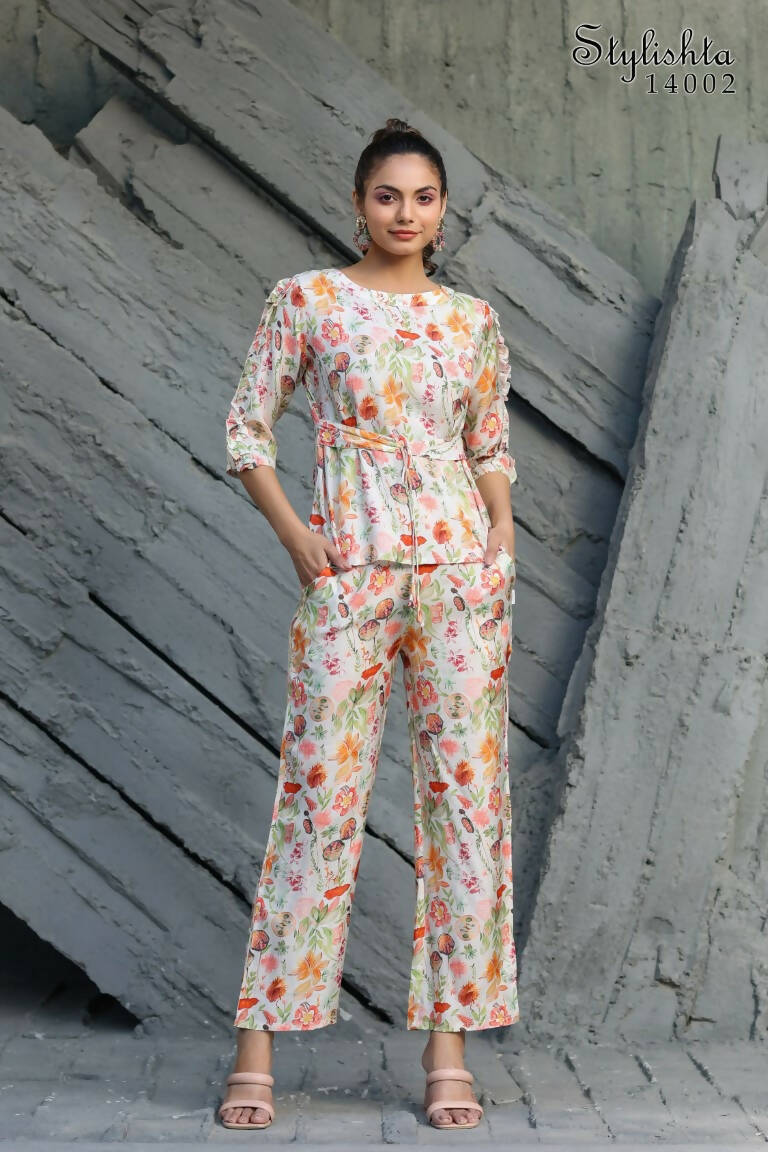 Women's Partywear Designer White & Multi Muslin co-ord set - Stylishta | Grocsy