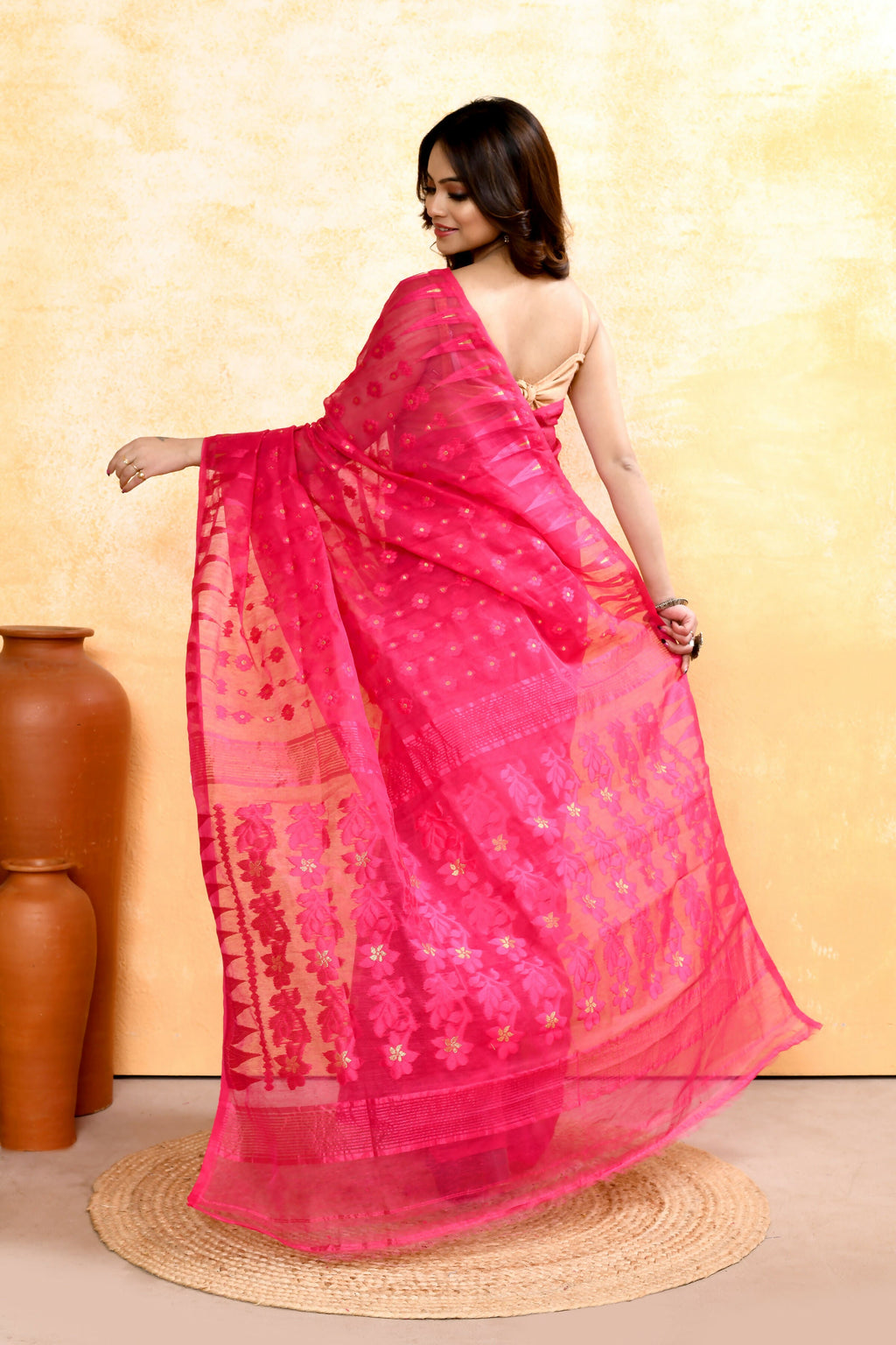 Piyari Fashion Women's Rani Pink Embellished Cotton Blend Jamdani Saree | Grocsy