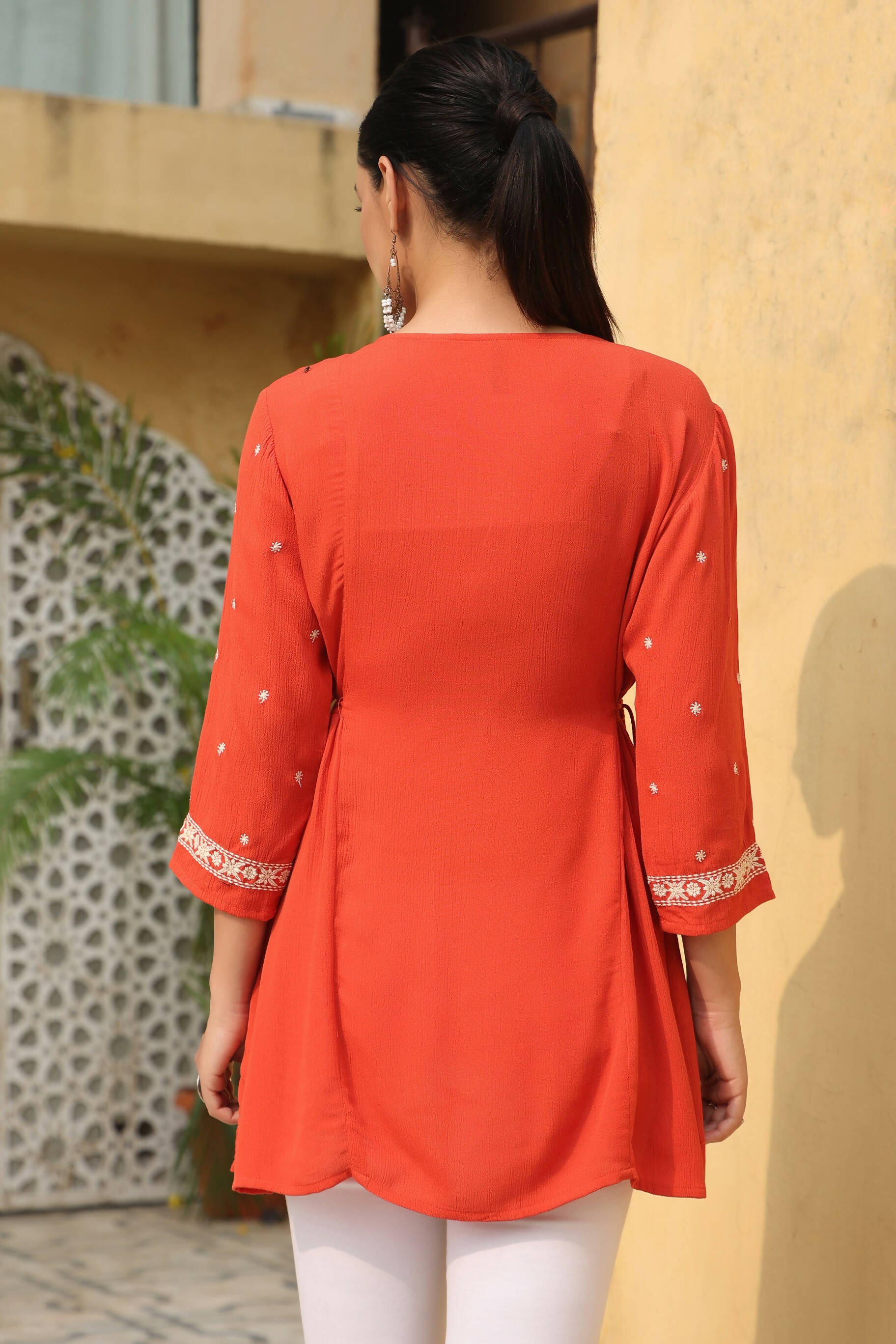 Juniper Women's Orange Rayon Crepe Embroidered Tunic | Grocsy