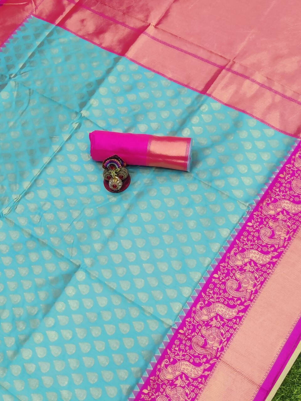 DEIANA'S Beautiful Designer Golden zari Soft Lichi Silk Saree - Sky | Grocsy