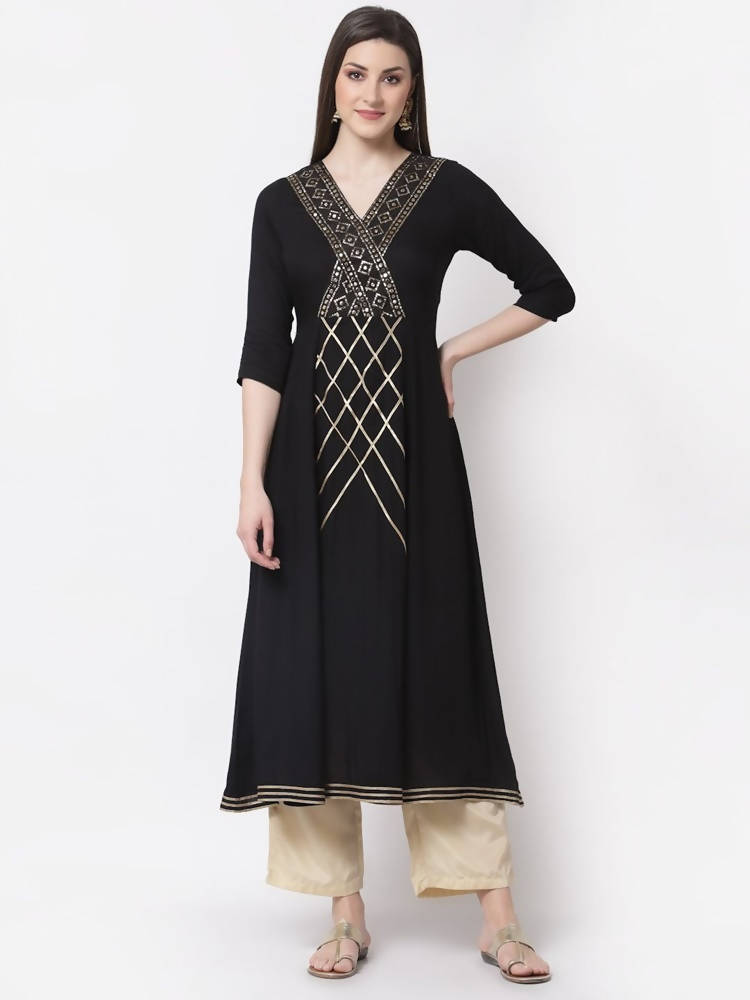 Myshka Black Color Rayon Embroidered Kurta With Dupatta Set | Grocsy