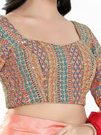 Joban Fashion Blue Multi Silk Padded Blouse With Sweetheart Neck 3/4 Sleeves | Grocsy
