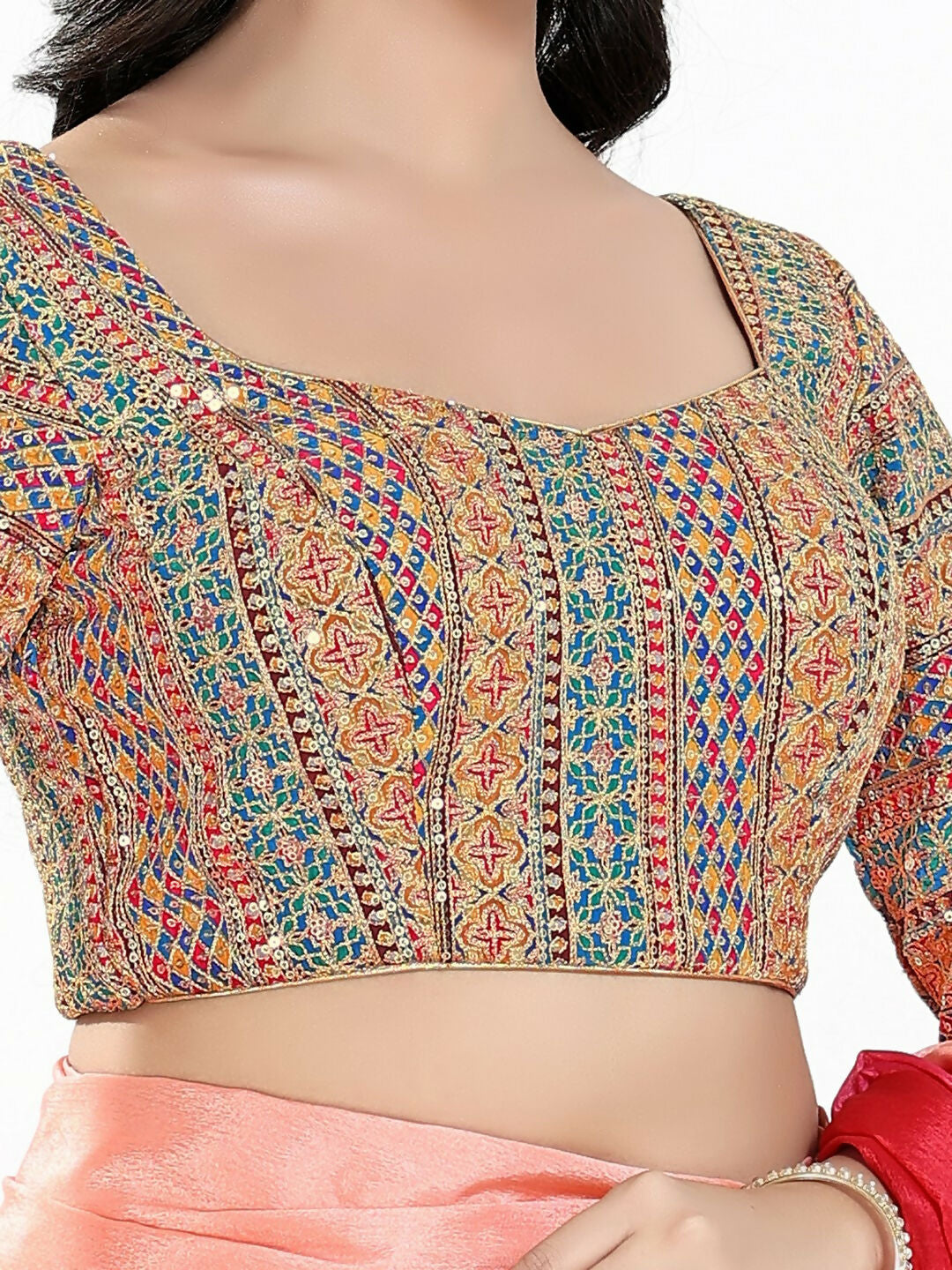 Joban Fashion Blue Multi Silk Padded Blouse With Sweetheart Neck 3/4 Sleeves | Grocsy