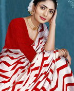 Red Japan Satin Stripe Printed Saree With Unstitched Blouse Piece - Laavanya | Grocsy