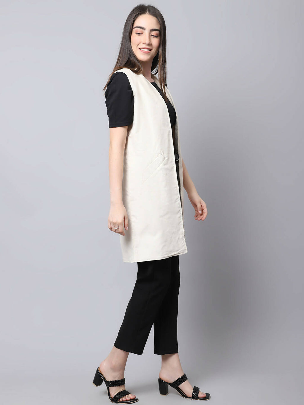 Even Apparels White Polywool Open Front Corduroy Women's Long Coat | Grocsy
