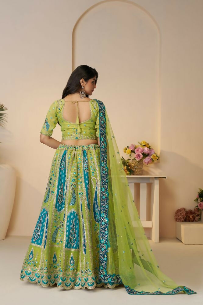 Kesar Fab Green Banarasi Silk Embroidered Lehenga | Grocsy