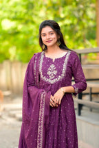 The52 Women's Beautiful Cotton Fabric Embroidery Work Flared Anarkali Pant and Dupatta Set | Grocsy