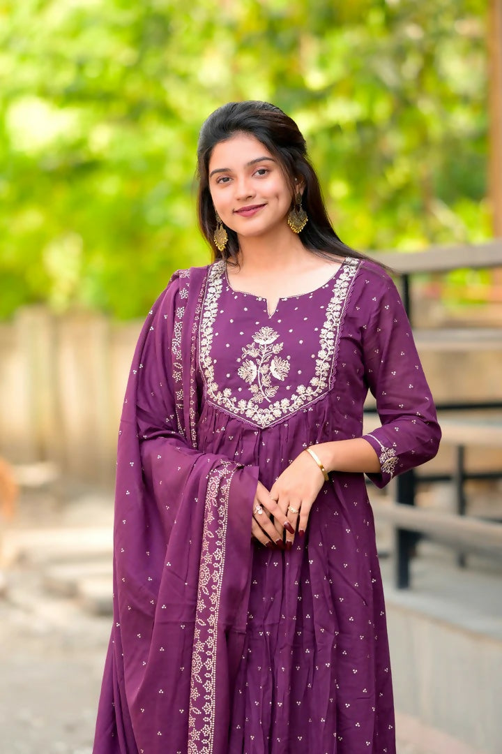 The52 Women's Beautiful Cotton Fabric Embroidery Work Flared Anarkali Pant and Dupatta Set | Grocsy