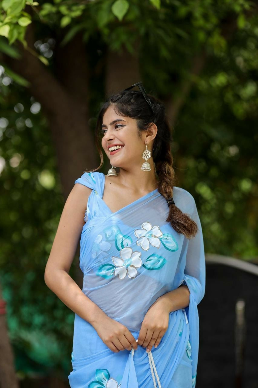 Exclusive Collection Beautiful Sky Cotton Hand Print Handloom Saree With Running Blouse Piece | Grocsy