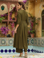 Janasya Olive Rayon Embroidered Kurta & Bottom | Grocsy
