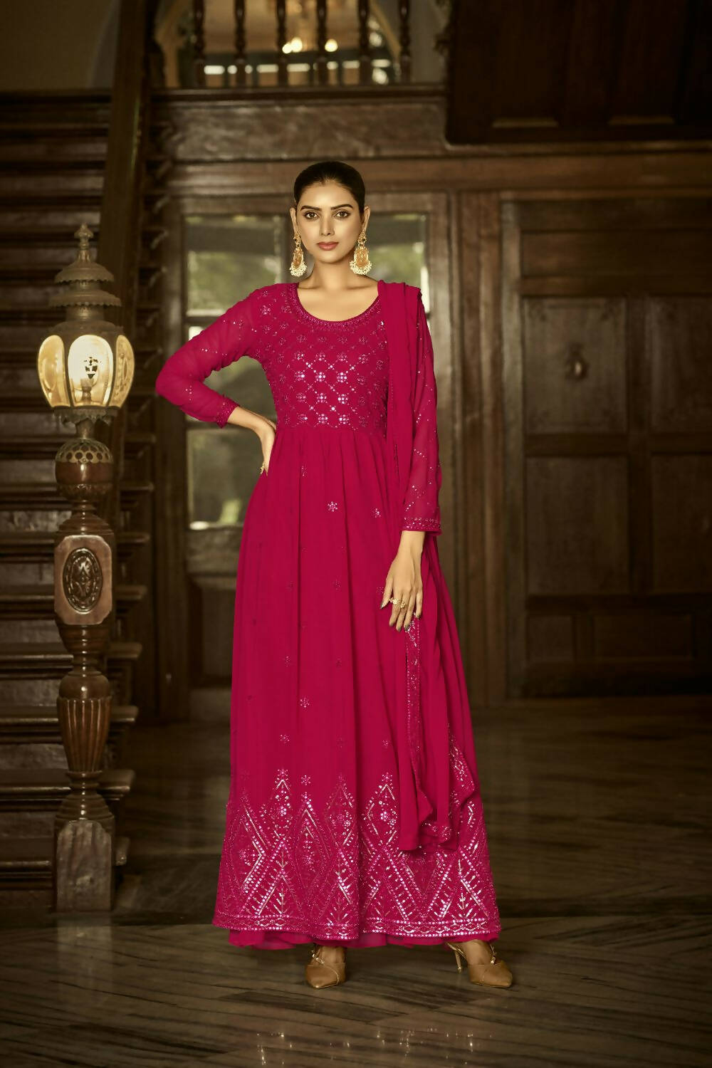 Pink Heavy Faux Georgette Anarkali Embroidered Kurta Set - Dhvani | Grocsy