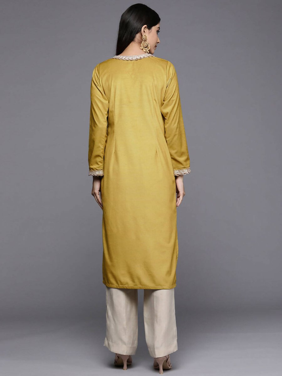 Ahalyaa Women Mustard Yellow & Golden Ethnic Motifs Yoke Design Velvet Kurta | Grocsy