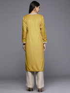 Ahalyaa Women Mustard Yellow & Golden Ethnic Motifs Yoke Design Velvet Kurta | Grocsy