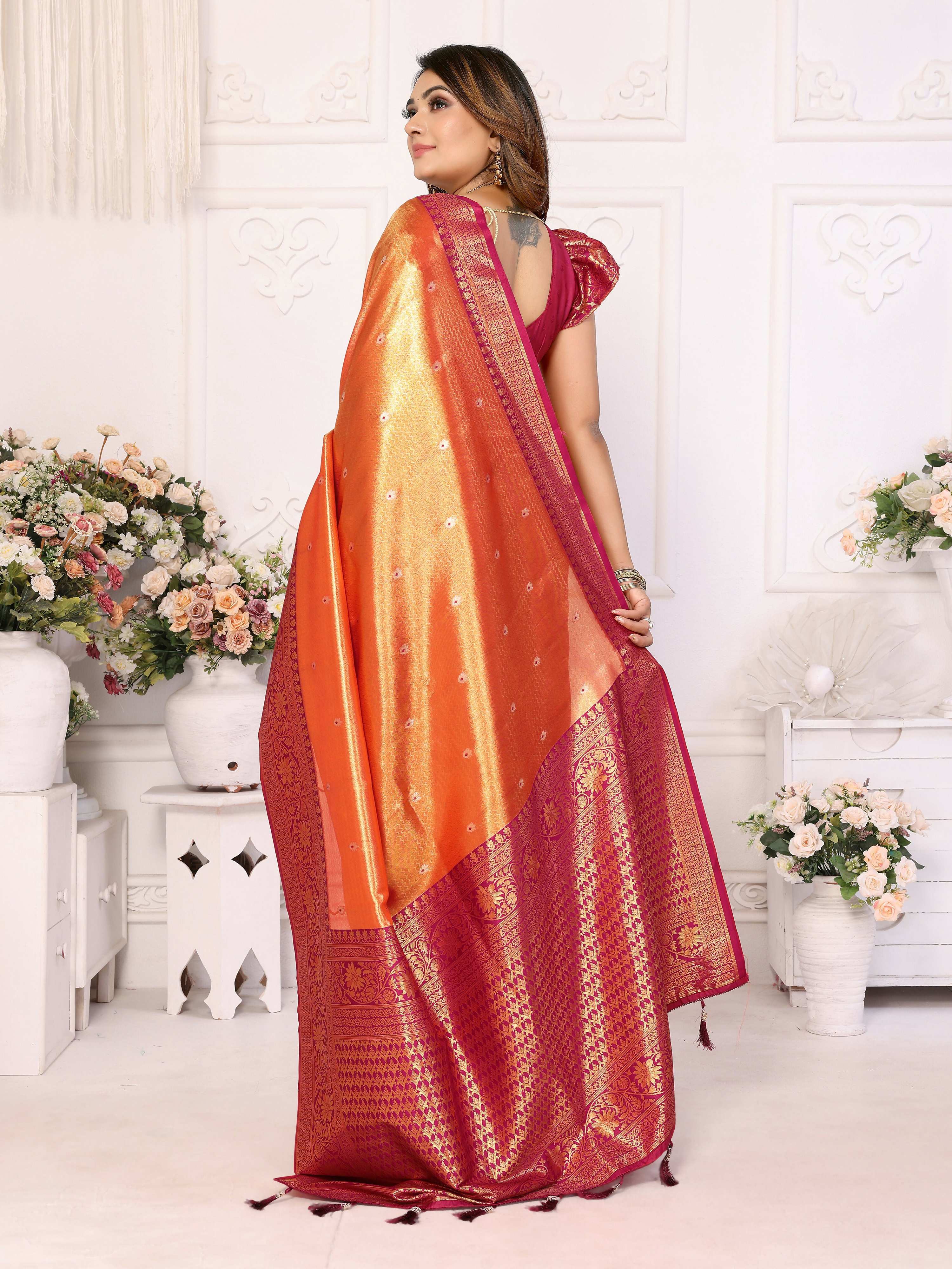 Aastha Fashion Orange Tissue Silk Weaving Saree | Grocsy