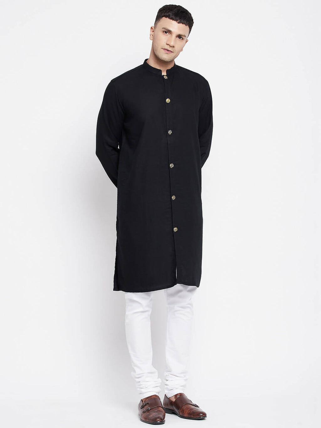 Even Apparels Black Pure Cotton Men's Sherwani Kurta With Open Front | Grocsy