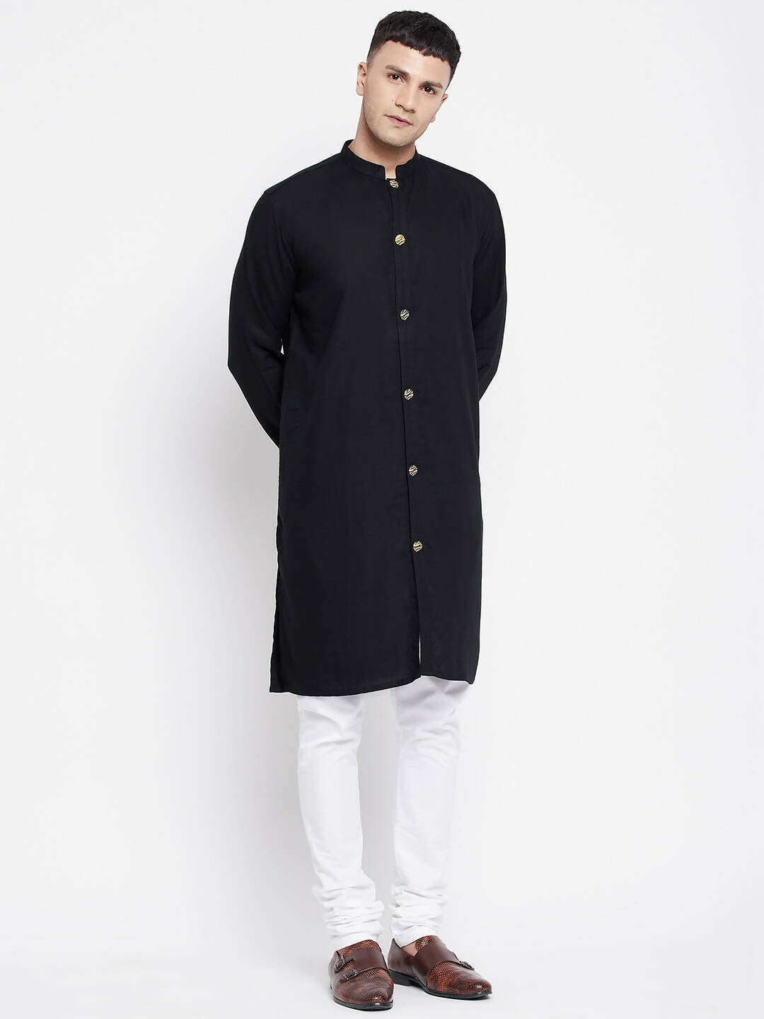 Even Apparels Black Pure Cotton Men's Sherwani Kurta With Open Front | Grocsy
