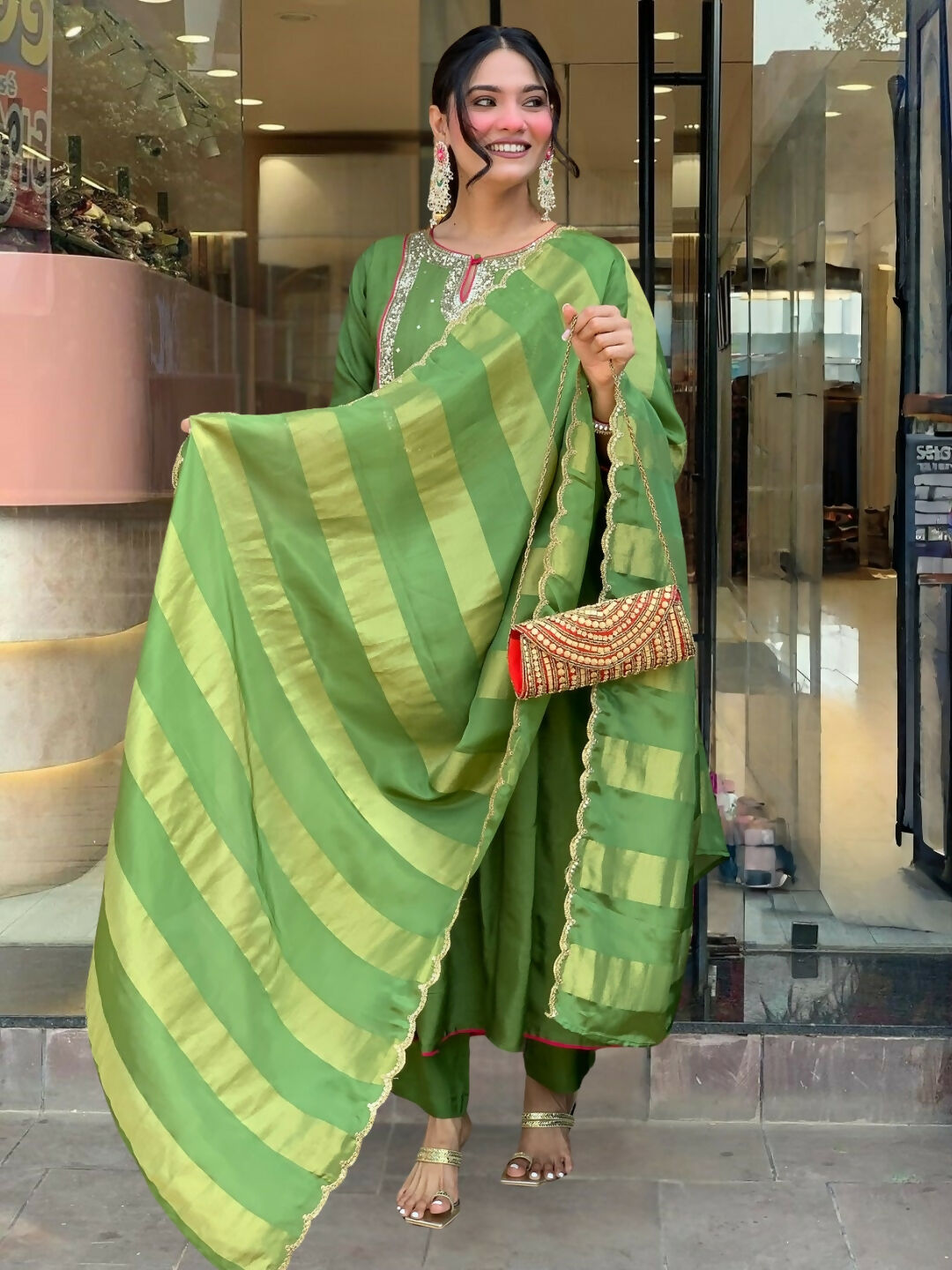 The52 Light Green Women's Gorgeous Embroidered Work Chanderi Fabric Flared Kurta Pant and Dupatta Set | Grocsy