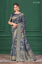 Blue Tussar Silk Jacquard Abstract Digital Print Saree with Unstitched Blouse - Mohira | Grocsy
