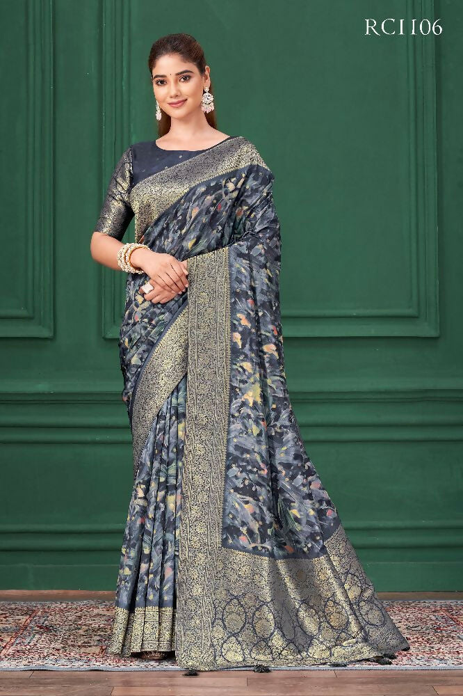 Blue Tussar Silk Jacquard Abstract Digital Print Saree with Unstitched Blouse - Mohira | Grocsy
