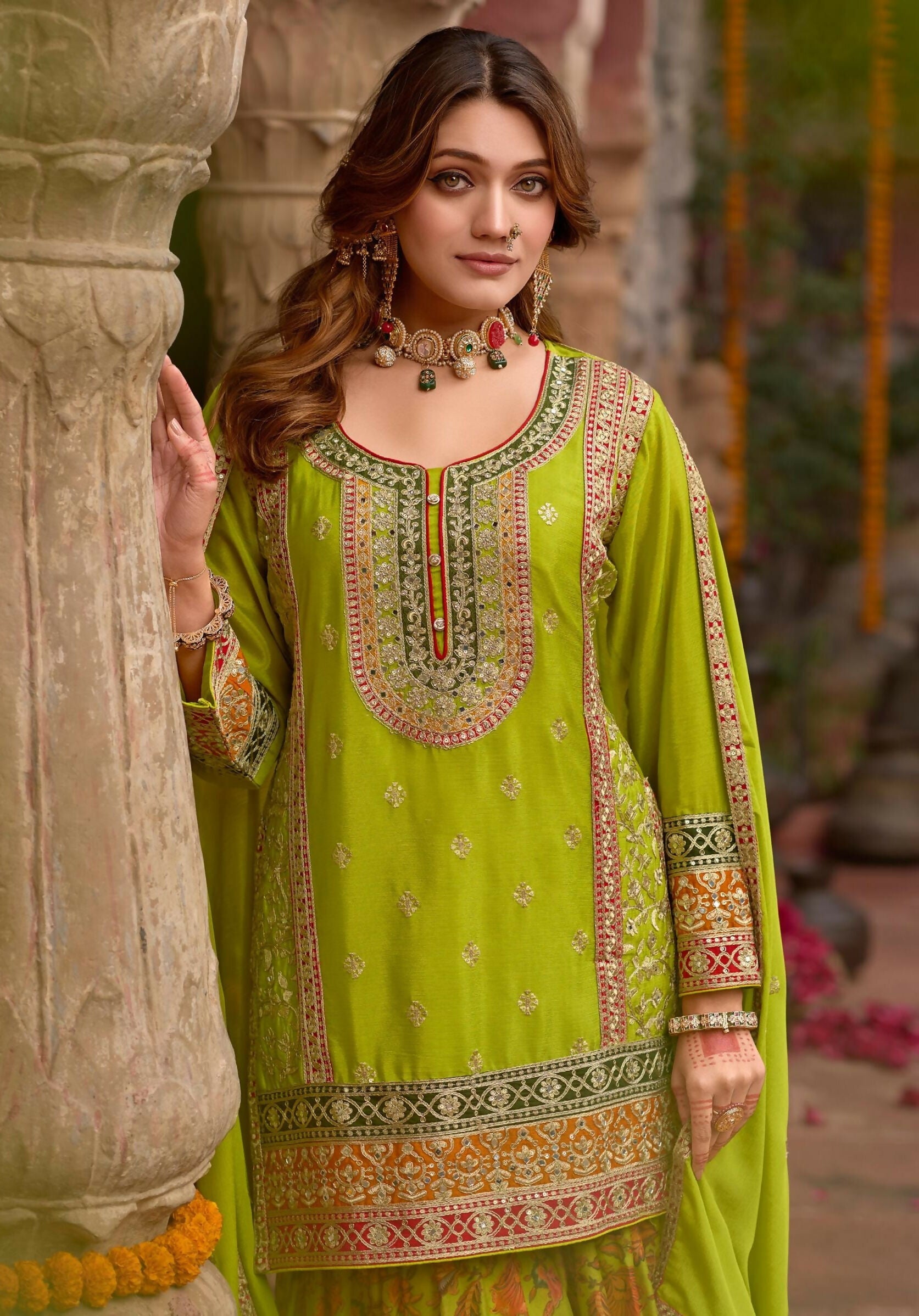 Anaita Parrot-Green Chinon Readymade Palazzo Suit with Codding Dori & Sequence Work | Grocsy