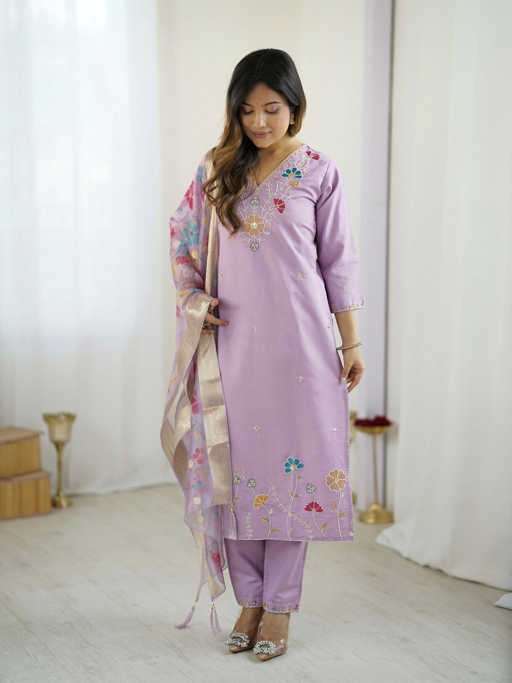 The52 Lavender Women's Gorgeous Embroidered work Viscose Gadhwal Fabric Straight Kurta, Pant and Dupatta Set | Grocsy
