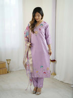 The52 Lavender Women's Gorgeous Embroidered work Viscose Gadhwal Fabric Straight Kurta, Pant and Dupatta Set | Grocsy