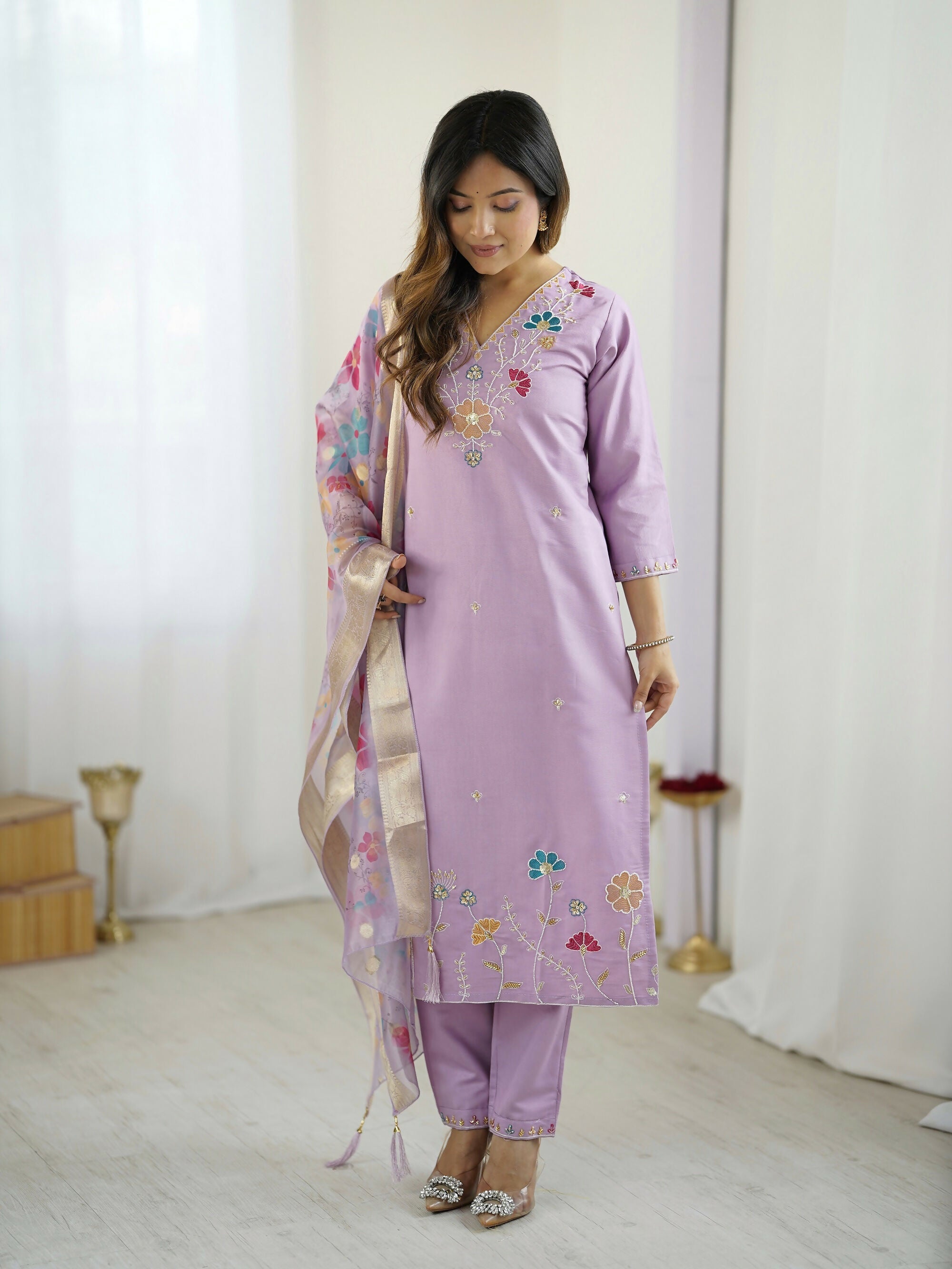 The52 Lavender Women's Gorgeous Embroidered work Viscose Gadhwal Fabric Straight Kurta, Pant and Dupatta Set | Grocsy