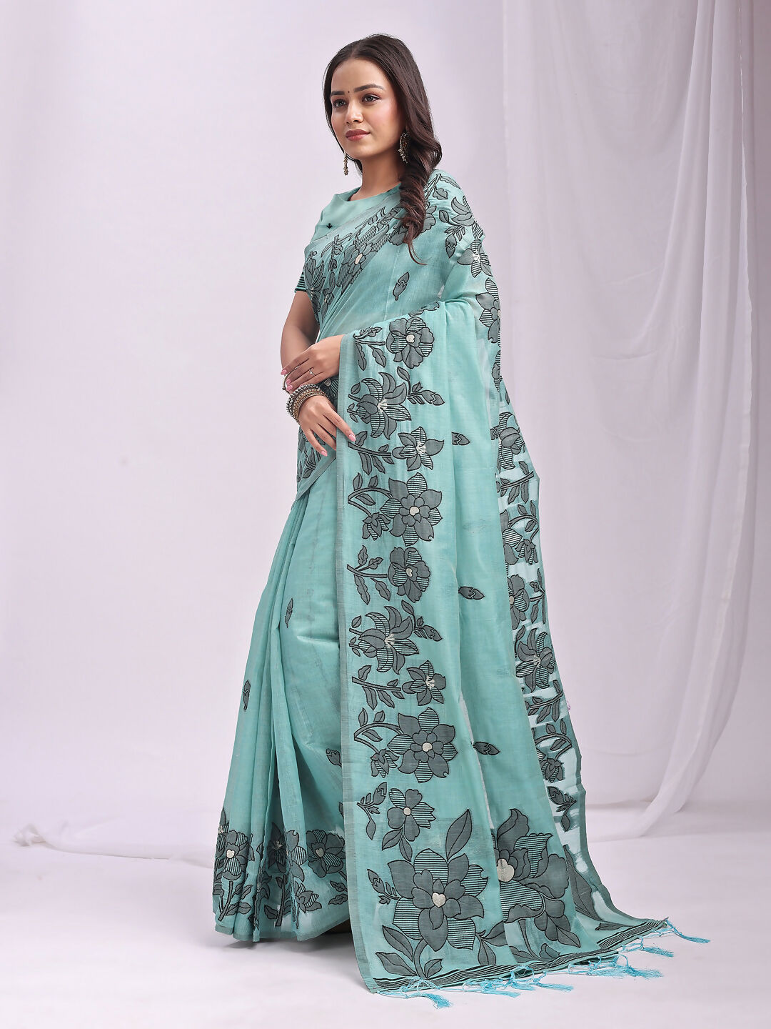 Shree Shyam Fashion Kashira Sea Green Linen Cotton Saree | Grocsy