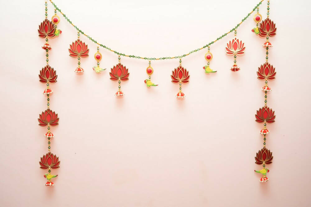 Kundan HandiKrafts Lotus Thoranna Red With Side Hanging | Grocsy