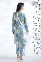 Breathables Blue Floral Print Cotton Long Kurta Co-Ord Set Cotton | Grocsy