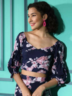 Blue Crepe Floral Printed Top with Matching Skirt - Shivani | Grocsy