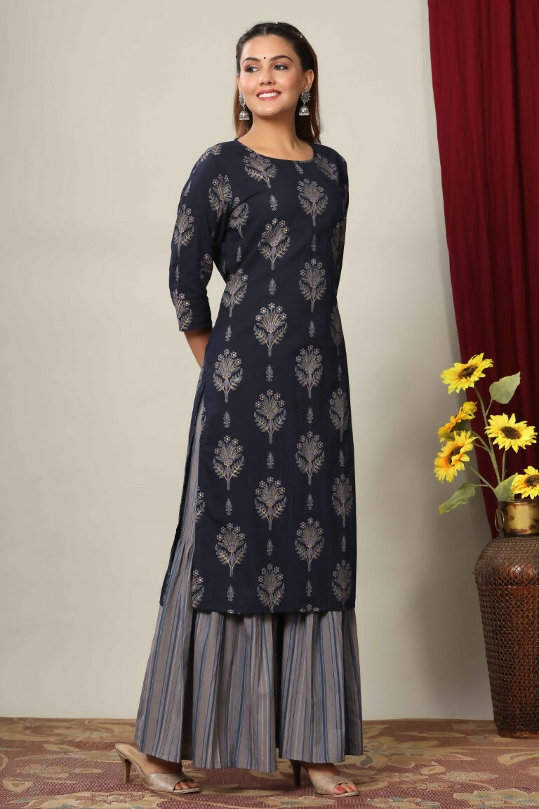 Miravan Women's Blue & Grey Printed Pure Cotton Kurta With Sharara | Grocsy
