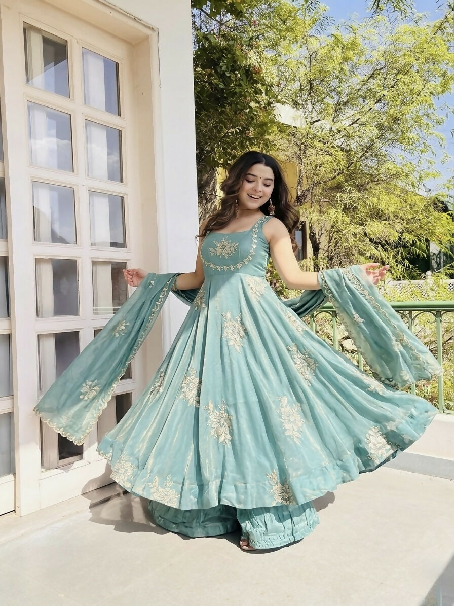 Teeya Creation New Womens Trendy Embroidery Sequence Work Sky-Blue Kurta Set | Grocsy