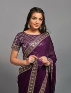 PR Fashion Wine Zometo Embroidery Lace Saree | Grocsy