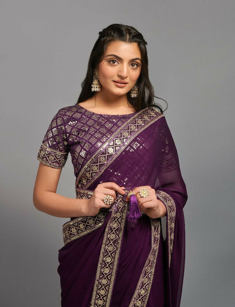 PR Fashion Wine Zometo Embroidery Lace Saree | Grocsy