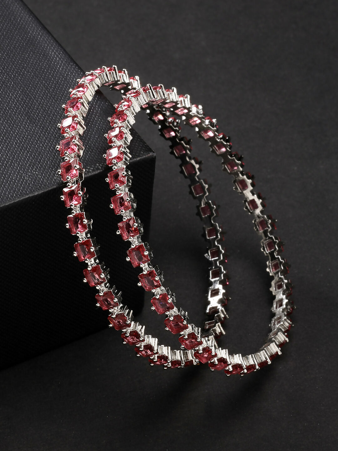 NVR Women's Set of 2 Pink CZ Stone-Studded Handcrafted Bangles